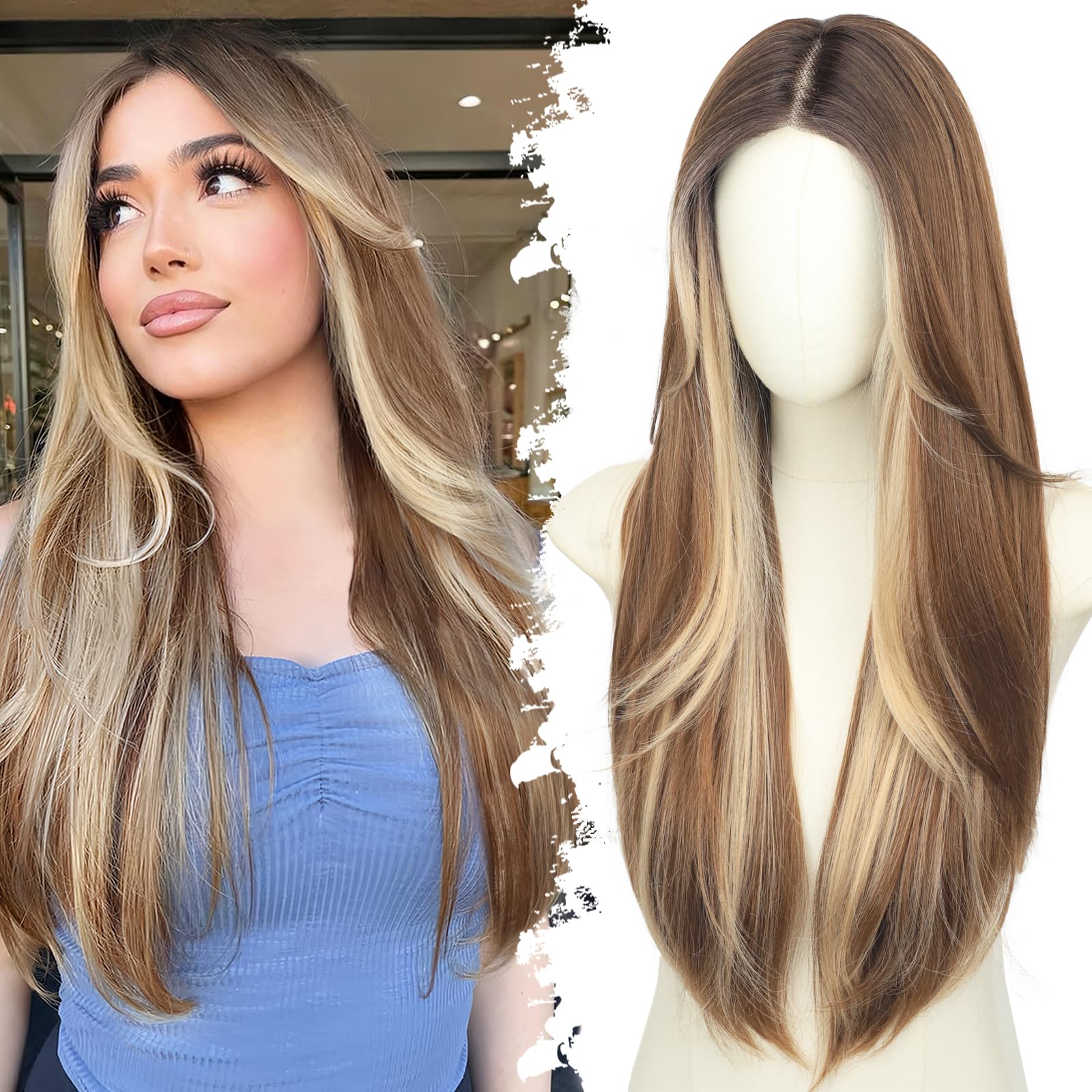 Photo 1 of Eawwii Ombre Light Brown With Blonde Glueless Wigs for Women Pre Cut Synthetic Lace Hairline Long Layered Straight Hairstyle 26 Inch