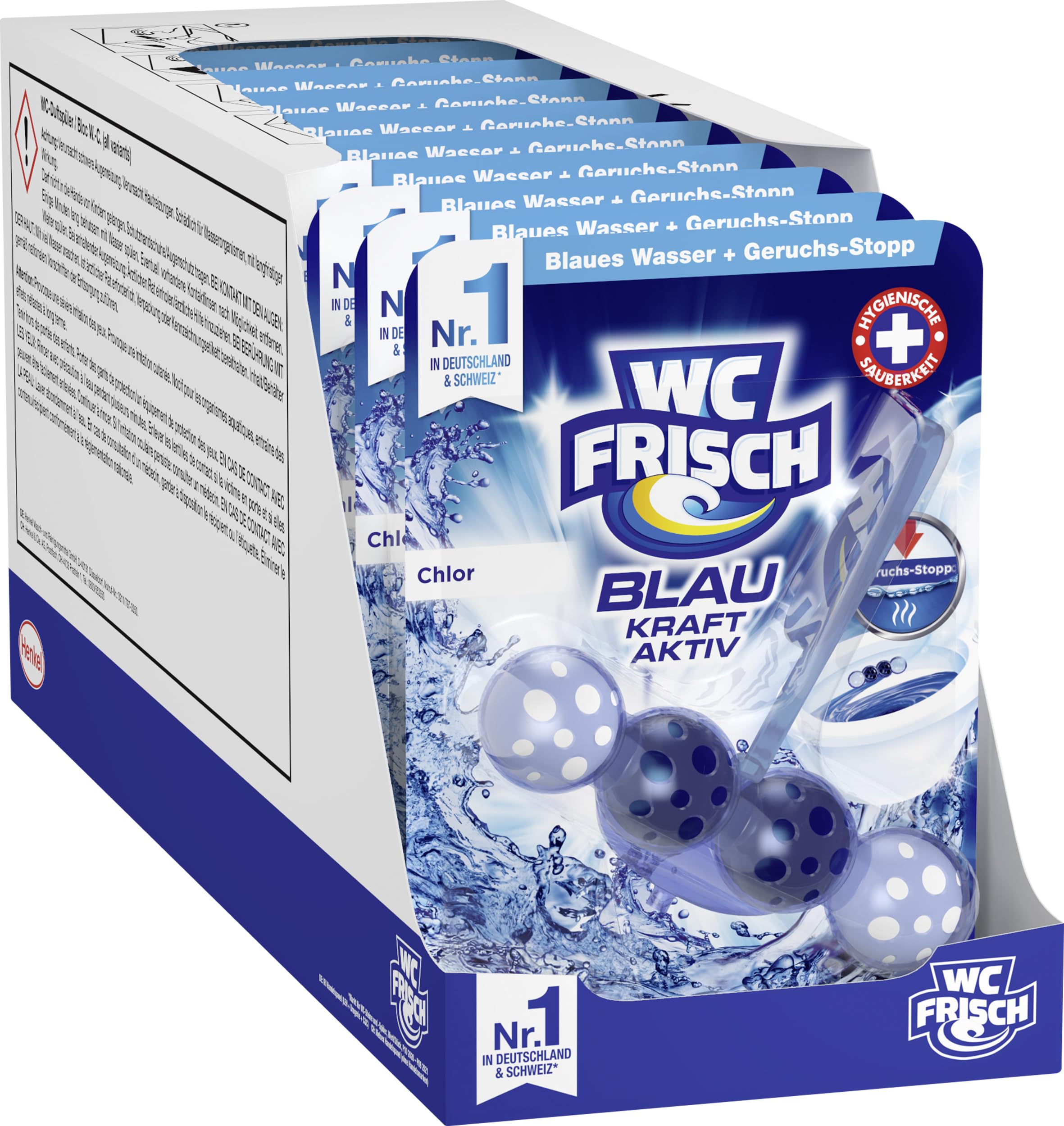 WC FRISCH Kraft Aktiv Blauspüler Chlor (10er Pack), WC Reiniger mit innovativer Geruchs-Stopp-Formel, Duftsteine für extra Frische und eine sichtbare Reinigung
