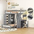 Versatility Solid Wood Loft Bed & Stand-Alone Platform Bed with 2 Storage Drawer Sets, Shelves and Study Desk, Twin over Twin Bunk Bed with LED Light and USB Poarts for Kids Teens Aldults (Grey-V)