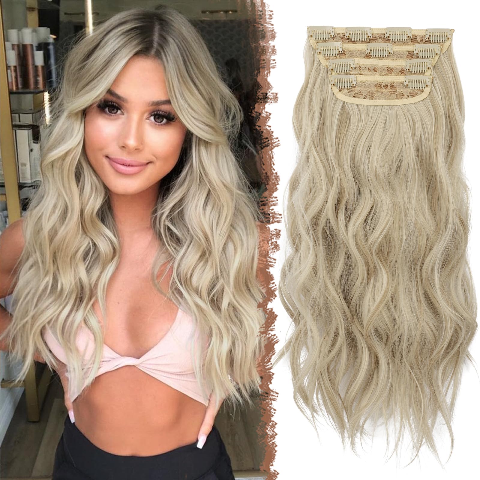 FESHFEN Clip in Hair Extensions 4PCS Light Beige Blonde Mix Cream Blonde Thick Hair Piece Long Wavy Clip in Extensions Full Head Synthetic Fiber Hairpieces for Women, 20 Inch 180g โ image 1