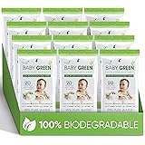 Baby Green Wipes Unscented compostable Organic Biodegradable – Travel Pack (12 Packs of 20) 240 for Sensitive Skin
