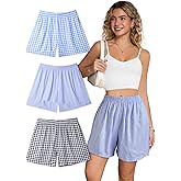 Cinvik Boxer Shorts for Women Sleep Shorts Women's Pajama Bottoms Gingham Checkered Plaid Striped Printed Pjs 3 Pack