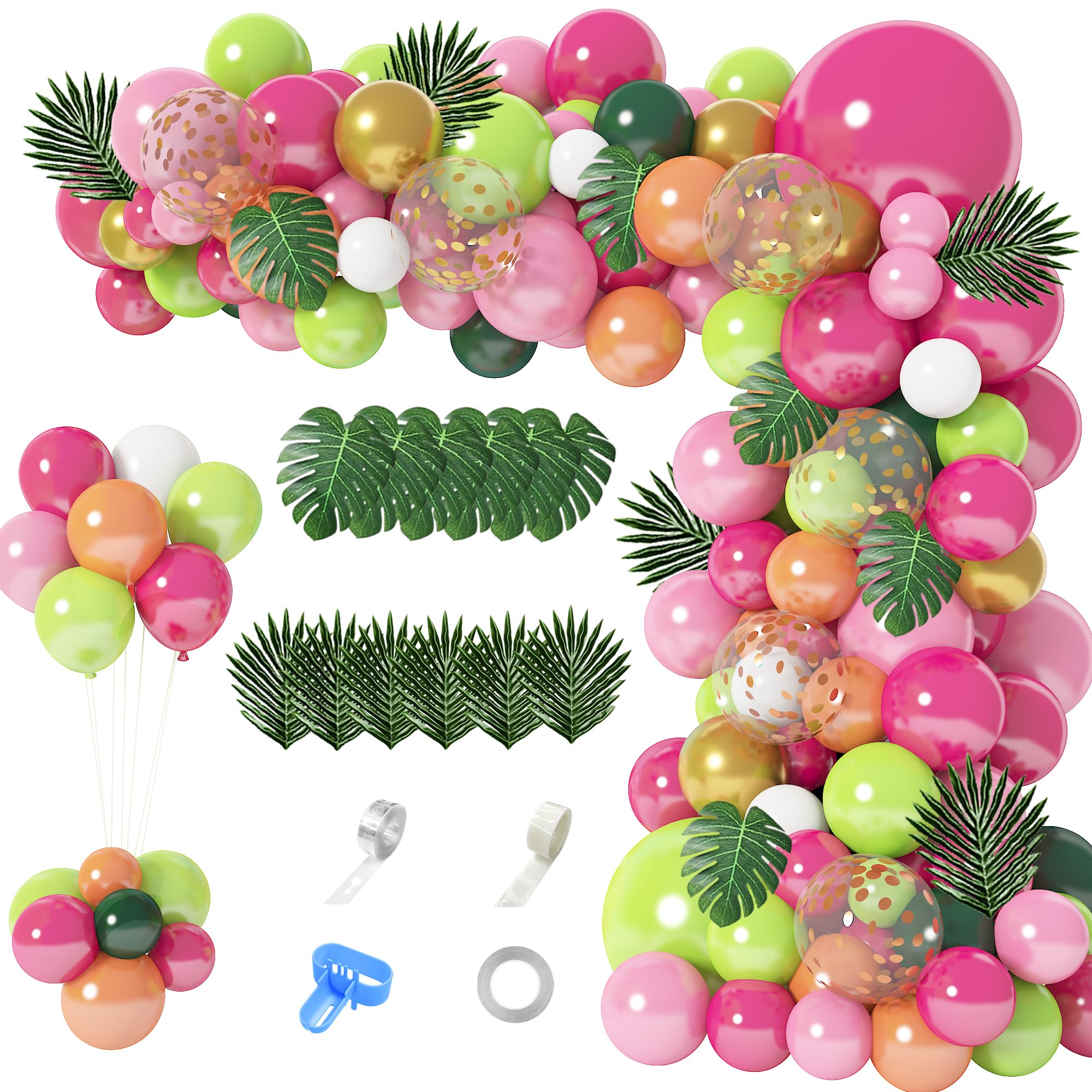 Photo 1 of 146Pcs Tropical Balloons Garland Arch Kit, Hawaiian Luau Tropical Aloha Flamingo Party Decorations Hot Pink Fruit Green Rose Gold Confetti Balloons Palm Leaves Birthday Baby Shower Wedding Supplies