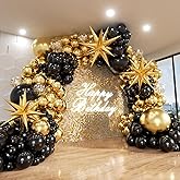 ADOINBY Black and Gold Balloon Arch Kit, 140Pcs Explosion Star Black and Metallic Gold Balloons 22 18 12 10 5 Inch Different Size Balloons for Birthday Anniversary Graduation New Year Decorations