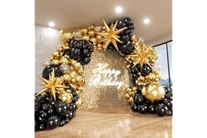 ADOINBY Black and Gold Balloon Arch Kit, 140Pcs Explosion Star Black and Metallic Gold Balloons 22 18 12 10 5 Inch Different Size Balloons for Birthday Anniversary Graduation New Year Decorations