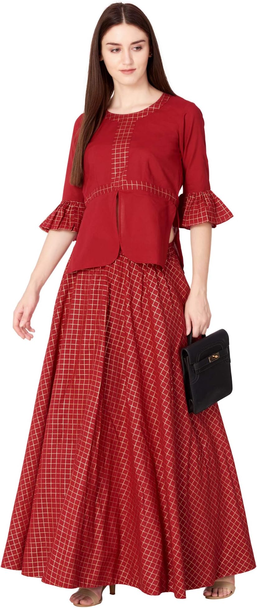 Women's Rayon Top with Long Skirt Set (Red, 2XL)