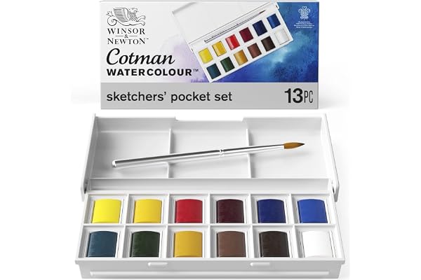 Winsor & Newton Cotman Water Colour Paint Sketchers’ Pocket Box, Half Pans, 13 Count (12 Colors and a Brush)