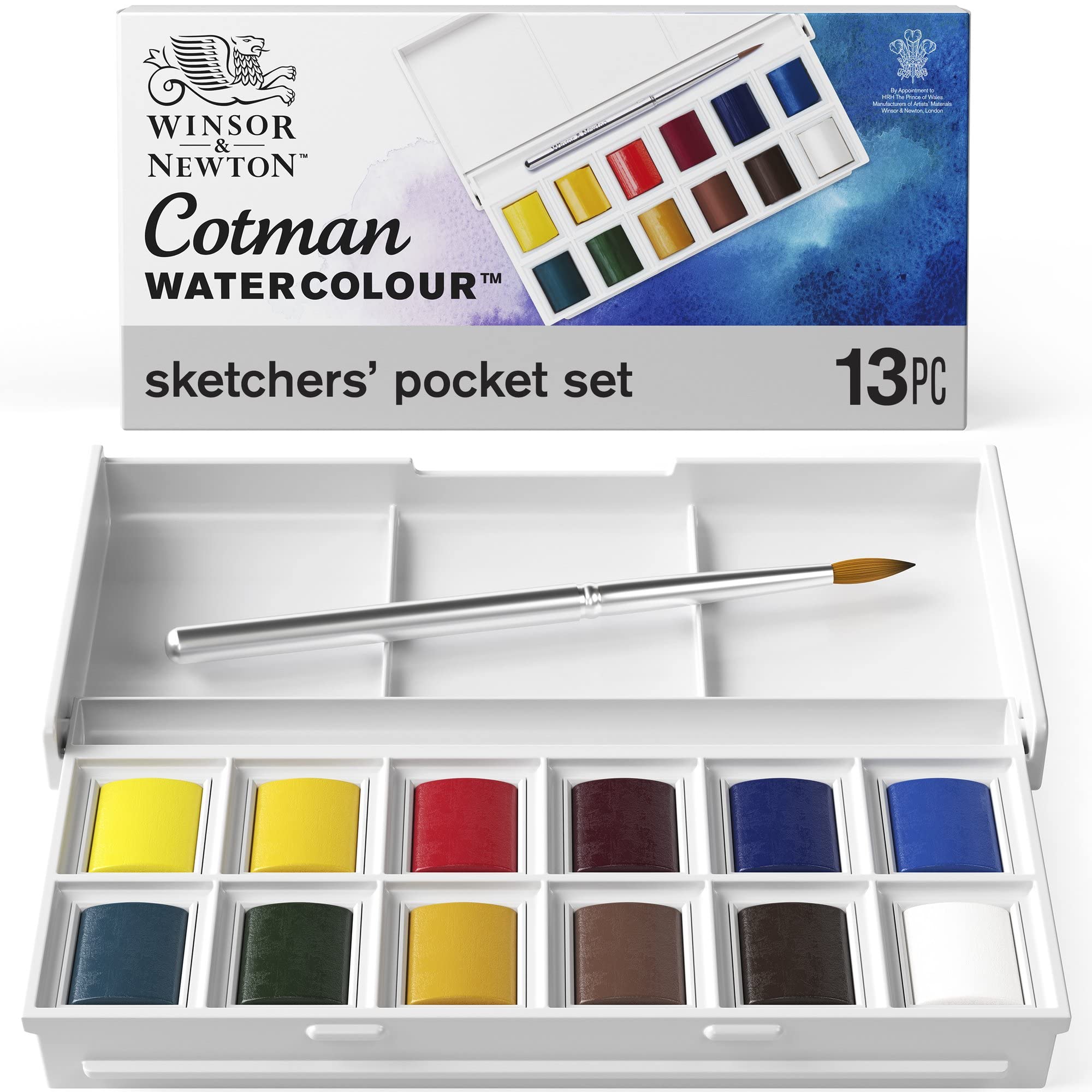 Winsor & Newton, Cotman Watercolour, 'Sketchers' Pocket Set' , 12 x Half Pans + 1 x Travel Brush, Pack of 1 — image 1