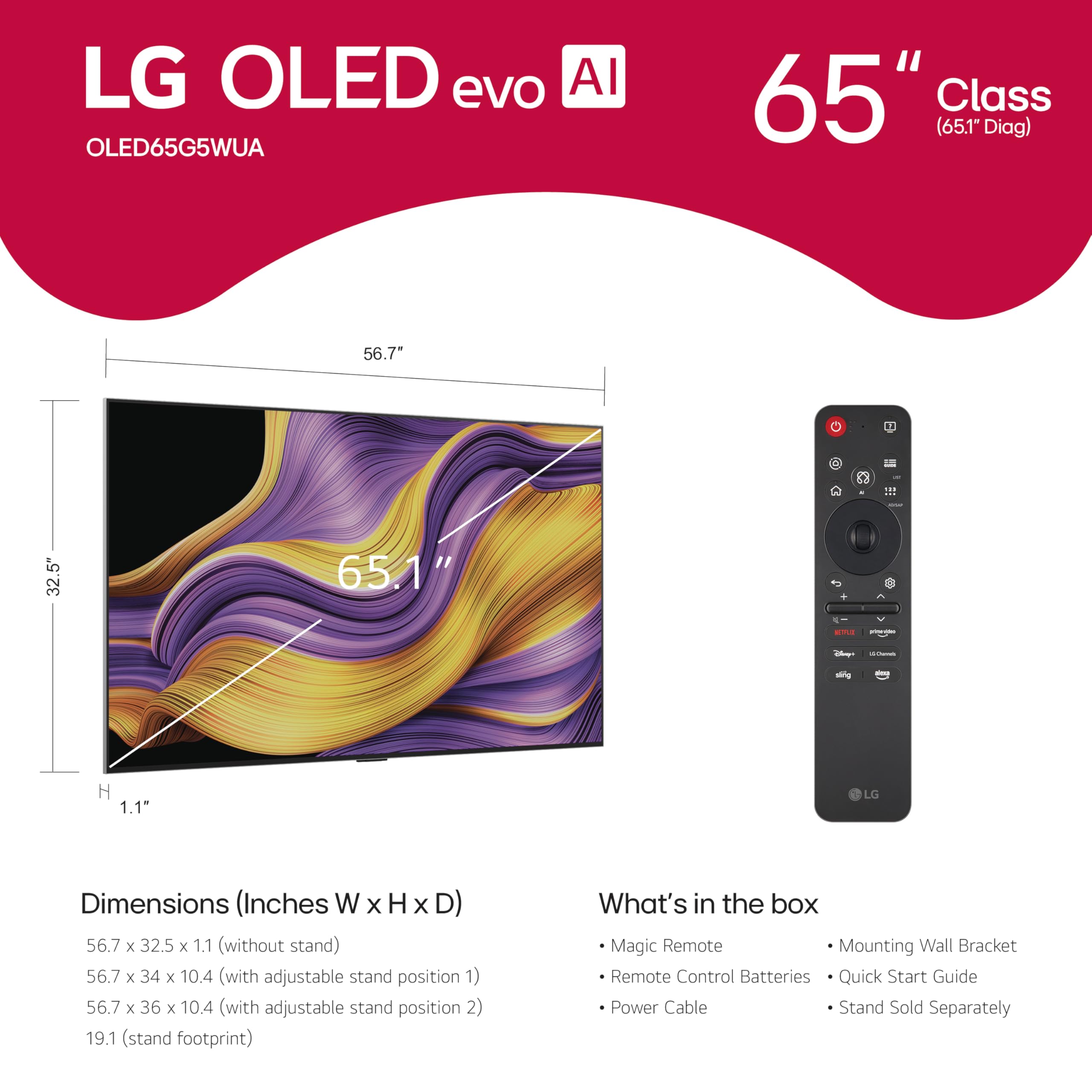 LG 65-Inch Class OLED evo AI 4K G5 Series Smart TV w/Dolby Atmos, Dolby Vision, HDR10, AI Super Upscaling 4K, Filmmaker Mode, Wow Orchestra, Alexa Built-in (OLED65G5WUA, 2025)