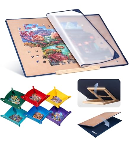 Tektalk Plateau de puzzle pliable avec support/chevalet réglable à 3 angles, plateau de puzzle léger et portable avec chevalet en bois, table de puzzle rabattable en feutre, pour jusqu'à 1000 pièces