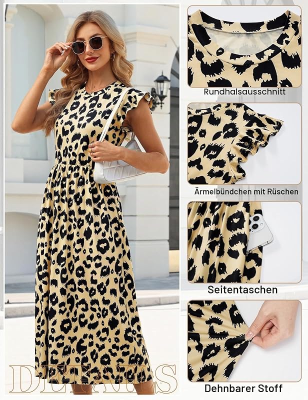 Sommerkleid Damen Elegant Maxikleid Casual Rundhals Lang Kleid mit Rüschen Ärmeln Sommer Hohe Taille A Linie Freizeitkleid Strandkleid mit Taschen (Hellblau mit Blumenmuster, M)