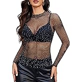 Avidlove Women's Sexy Fishnet Mesh Long Sleeve Tops Mock Neck Sheer Lace See-Through Blouse Bodycon Clubwear Party Tops