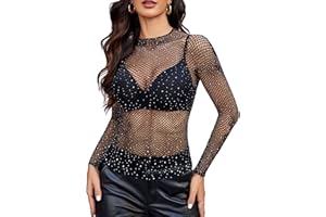 Avidlove Women's Sexy Fishnet Mesh Long Sleeve Tops Mock Neck Sheer Lace See-Through Blouse Bodycon Clubwear Party Tops