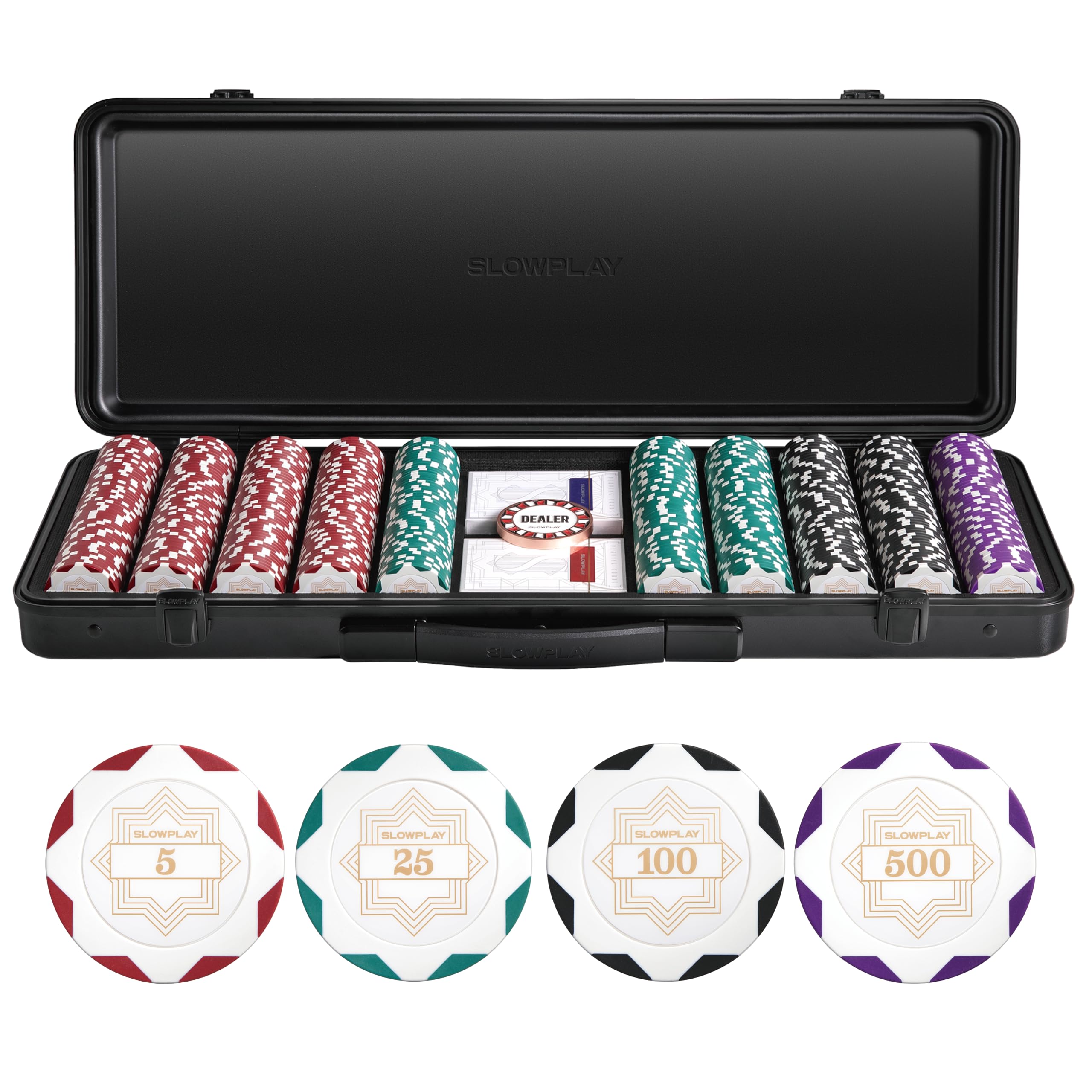 SLOWPLAY Nash 14g Clay Poker Chip Set White Gold Edition– 500PCS Core Set for Texas Hold’em | Numbered Chips: 5, 25, 100, 500 | Premium Case with Durable German Polycarbonate Shell