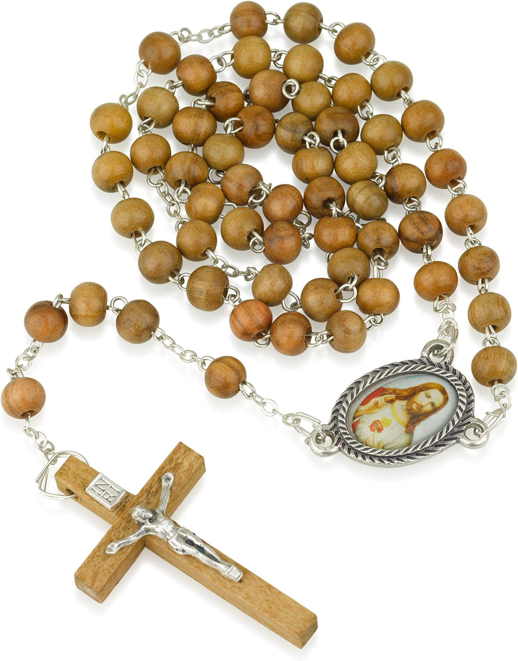 Genuine Olive Wood Necklace Rosary,Sacred Heart Center,Silver Plate Chain,Wood Crucifix,by Marina Jewelry