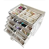 WEIKIMFF Clear Acrylic Jewelry Organizer with 5 Drawers, Acrylic Jewelry Box with Velvet Trays for Women, Transparent Earrings Display Holder for Storing Necklaces Earrings Rings, Beige