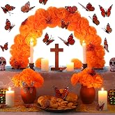 Yalikop 28 Pcs Day of The Dead Marigold Decor, Dia De Los Muertos Ofrenda | Dia De Los Muertos Altar, Marigold Arch Garland, 15 Artificial Flowers with Stem, 12 Pcs 3D Butterflies, Picture, Frame, Home