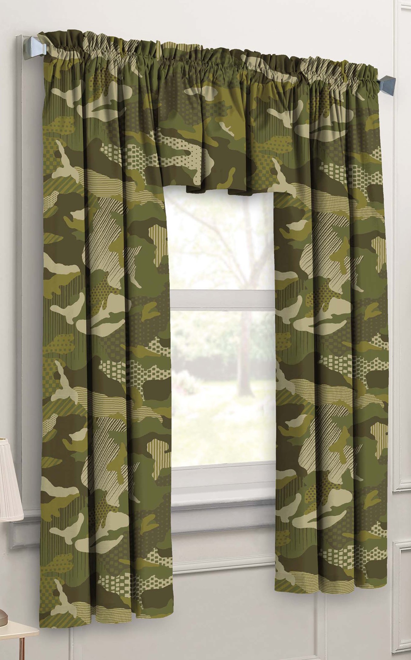 dream FACTORY Geo Camo 3-Piece Camouflage Kids Bedroom Curtain Panel Set, Green, 63-Inch