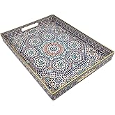 Plastic Coffee Trays,Serving Tray,Bohemian Blue Tray,15.7" L x 11.8" W x 1.57" H,Lightweight and Non-Slip with Handles,Perfect for Restaurants,Cafés,and Home Use(Rectangle Bohemian Blue)