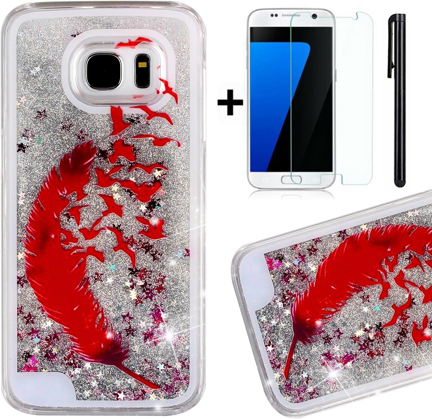 Galaxy S7 Case,Tebey [Liquid Flowing] Ultra Thin [Glitter] Bling Back Case Cover for S7,Hard Case Protective Shell Floating Sparkle Star Quicksand Case for Samsung Galaxy S7-Red Feather