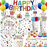 Xynic 214 PCS Colorful Happy Birthday Decorations, Colorful Dots Party Supplies With Banner, Cake Topper, Plates and Napkins, Happy Birthday Decorations for Boys and Girls, Serves 25 Guests