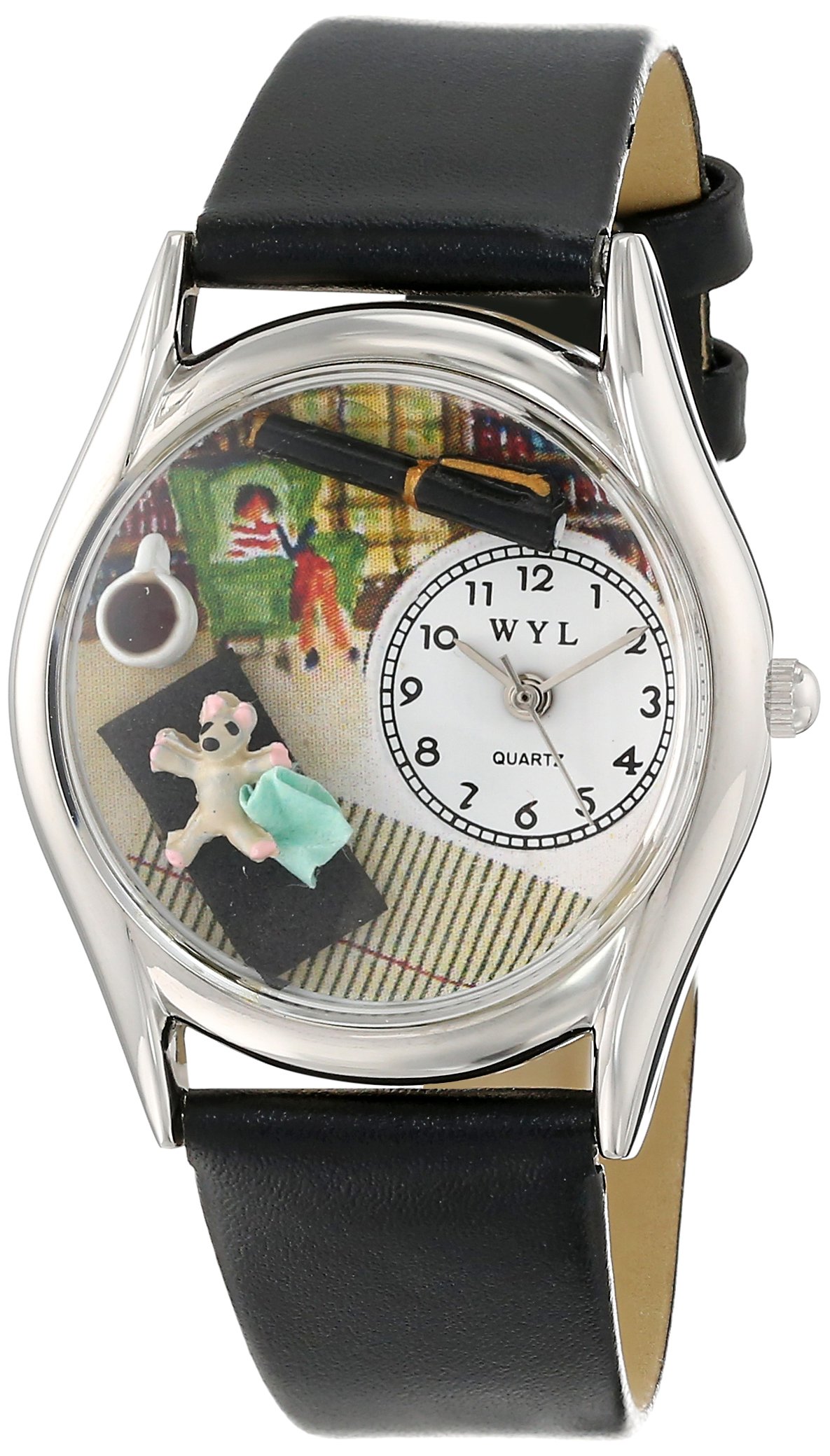 Whimsical Watches Psychiatrist Black Leather and Silvertone Unisex Quartz Watch with White Dial Analogue Display and Multicolour Leather Strap S-0640005