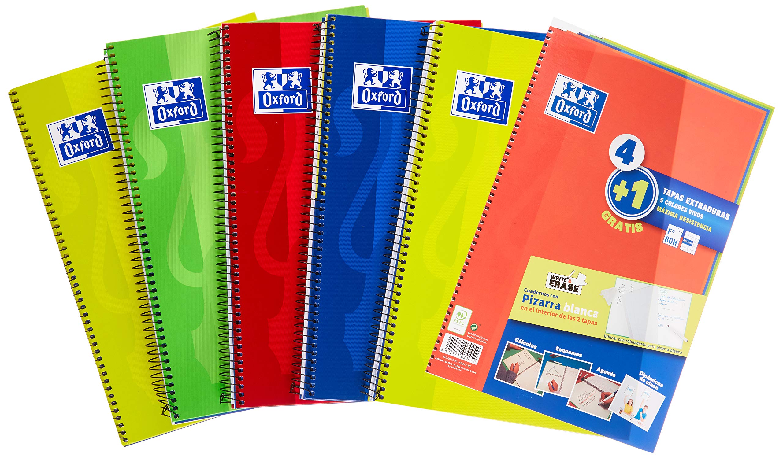 Oxford A4 Extra Hard Cover Notebooks Writing Board 80 Sheets 4x4 Squared Pack of 4+1 Assorted Vibrant Colours