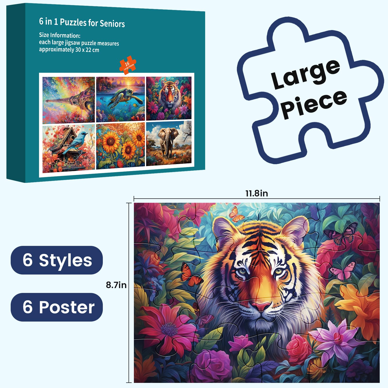 6 Pack 16 Large Piece Puzzles for Seniors Puzzles Dementia Alzheimer's Products and Activities Alzheimer's Puzzle Elderly Adults Cognitive Game Gift for Patients in Nursing Home with 6 Storage Bags