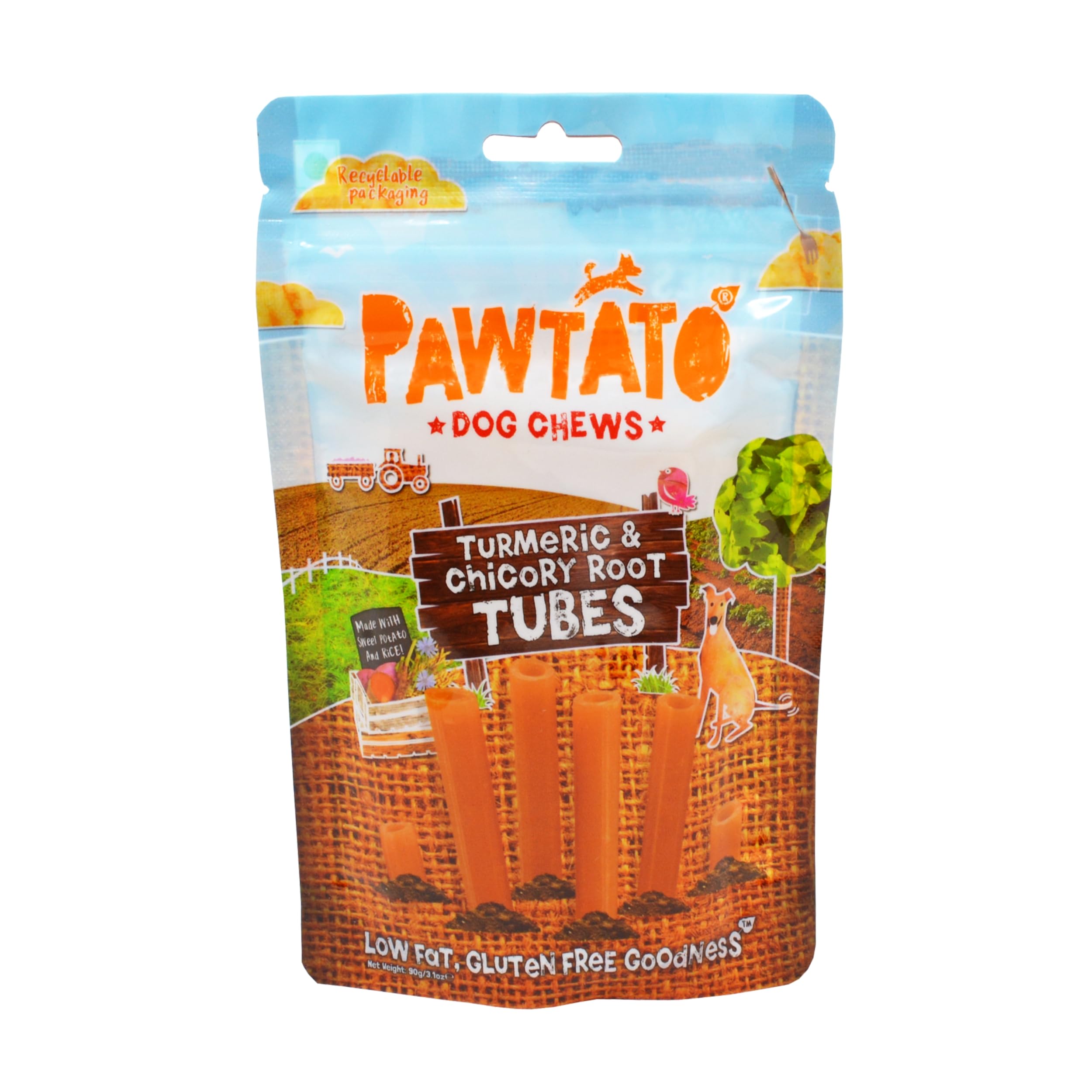 Pawtato Turmeric & Chicory Root Tubes Multipack (12 x 90g) ❘ Healthy Vegan Rawhide Alternative, High Protein Dog Treats With Anti-Inflammatory Turmeric & Chicory Root, High Value Dog Training Treats