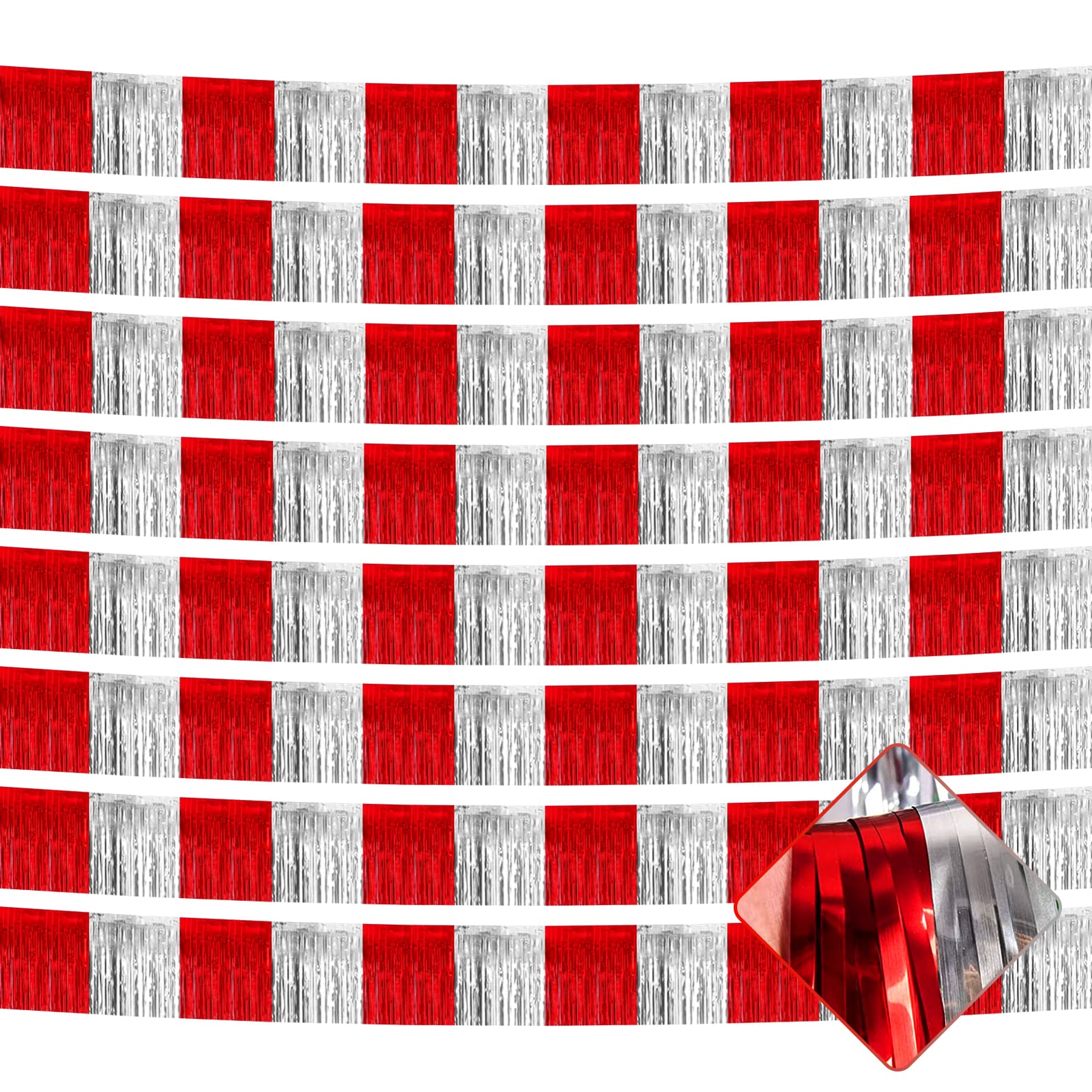Photo 1 of 10 Pack 10 Feet Foil Fringe Garland Metallic Tinsel Streamers Banner Wall Hanging Backdrop for Parade Floats, Circus Welcome Carnival Birthday Party Decorations(Silver Red)