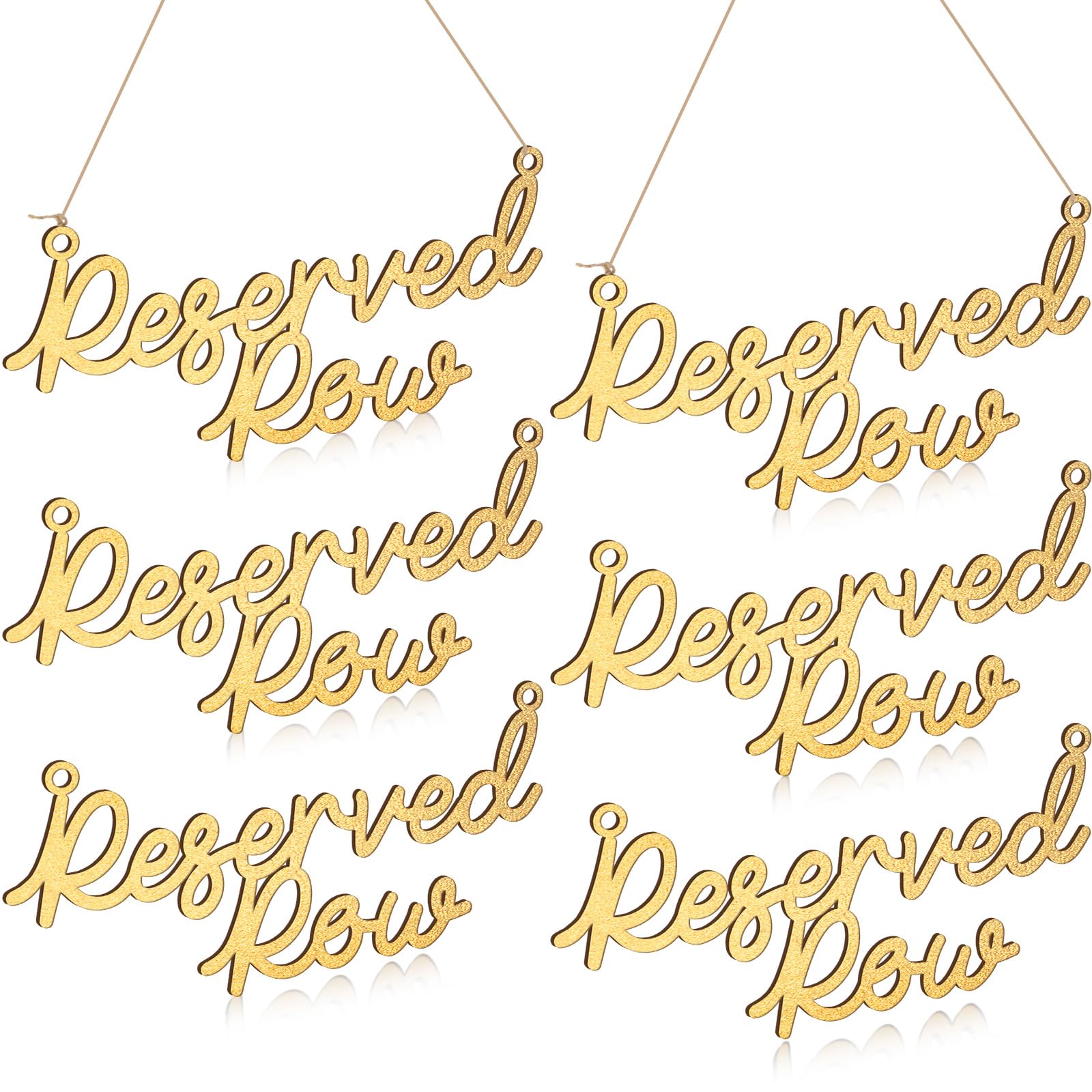 Photo 1 of Yulejo 6 Pieces Wooden Reserved Row Signs for Wedding Chairs Wood Hanging Reserved Seating Sign with Rope Plaques Decorative for Important Events Church Pews Chair Restaurants (Matte Gold)
