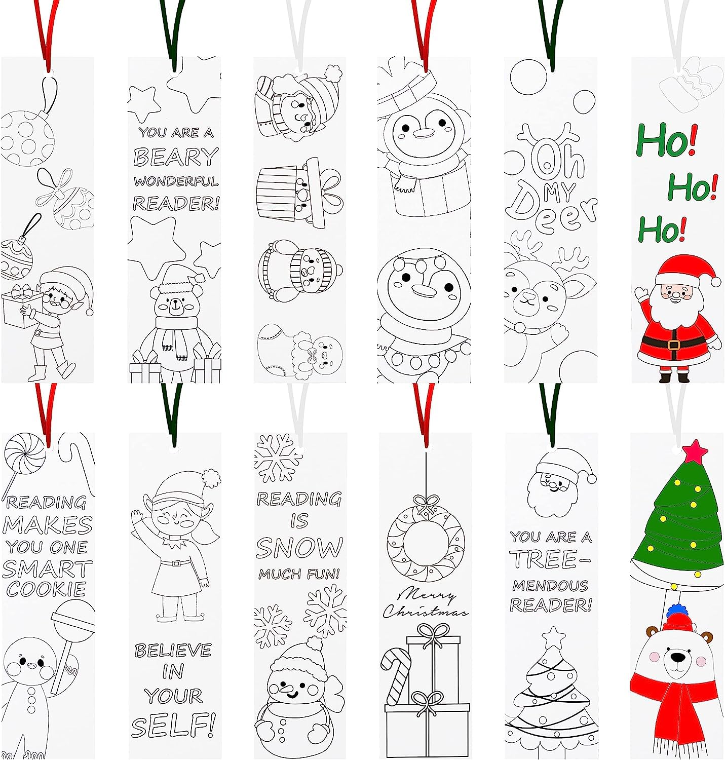Haooryx 75Pcs Christmas DIY Bookmarks for Kids Reindeer Father Christmas Coloring Bookmark Set Party Game Prize Supplies Christmas Gift Bag Fillers Classroom Rewards Art Craft Wall Hanging Decoration