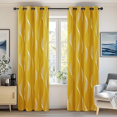 Deconovo Room Darkening Curtains Eyelet Silver Wave Foil 52x84 Mellow Yellow