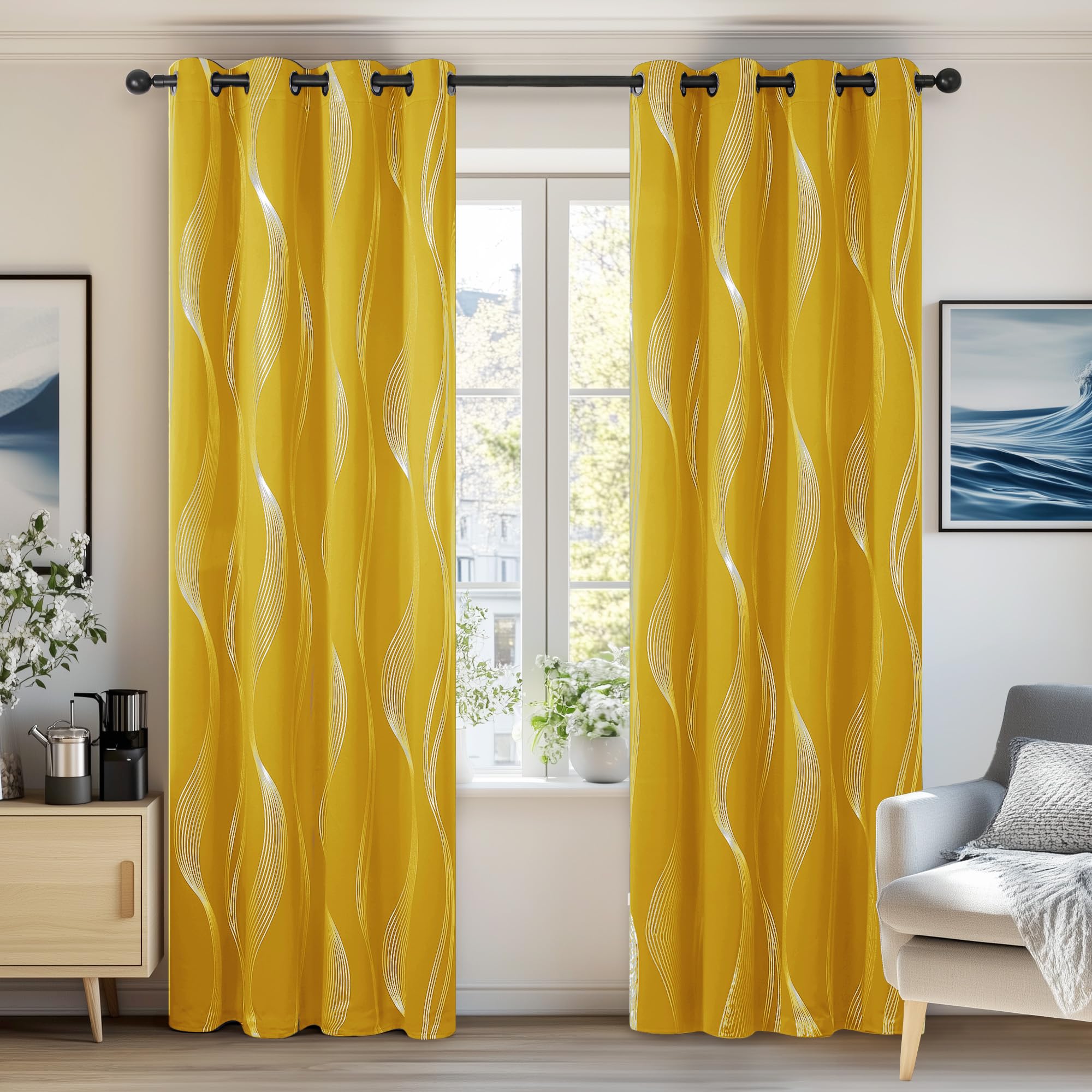 Deconovo Room Darkening Window Treatment Blackout Curtains Eyelet Silver Wave Line Foil Printed Curtains for Bedroom 52x84 Mellow Yellow — image 1