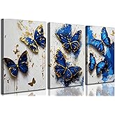 KecKoth 3Pcs Blue Gold Butterfly Canvas Wall Art Modern Abstract Minimalist Butterflies Paintings Pictures Wall Decor Poster Printing Artwork for Living Room Bedroom Home Decoration