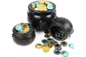 Zcaukya 3 Packs St Patrick's Day Coin Pots, Black Plastic Cauldrons with Handle, Punch Bowls for Parties, Parade, Carnival, Dressing Accessories, Easter Egg Hunt (NO COINS)