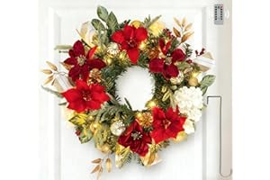 NUPTIO Prelit Christmas Door Wreath: 22 Inch Lighted Christmas Decor Battery Operated 35 LED 8-Mode Lights with Remote Timer - Wreaths with Magnolia Hydrangea Pinecone for Front Door Window Wall