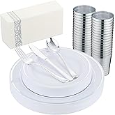 ISFANGCO 175 PCS Silver Dinnerware Set for 25 Guests, Silver Rimmed Heavy Duty Plastic Disposable Plates for Party Wedding with 25 Dinner Plates,Dessert Plates, Silverware Set, Cups, Napkins
