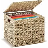 Seagrass File Box Organizer with Lid File Basket for Hanging Folders | Decorative Woven Filing Cabinet, Collapsible Letter Size Document Storage Box for Home Office Decor, Natural