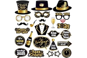 VHUWE New Years Photo Booth Props, 25 Pcs Black Gold Happy New Year Hats Glasses Good Bye 2025 Party Set Favors for Selfie Picture Photo Booth Props 2026 New Years Decorations New Years Eve Party Supplies