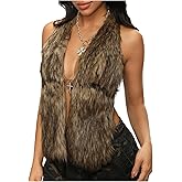 MakeMeChic Women's Faux Fur Halter Tops Open Back Sleeveless Going Out Tank Clubwear