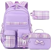 BEFUNIRISE Girls Backpack Set,17 inch School Backpacks Cute Book Bag with Lunch Box for Teen Kid Elementary Middle High School (3PCS Purple, Large)