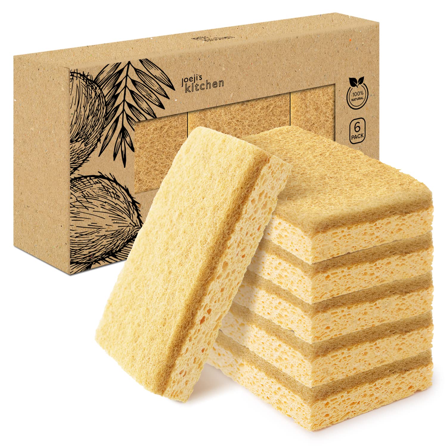 Joeji’s Eco Washing Up Sponges – 6 Pack Reusable Natural Cellulose Kitchen Sponges with Sisal Scourer – Biodegradable, Plastic-Free Dish Sponges for Washing Up, Eco Friendly Cleaning Products