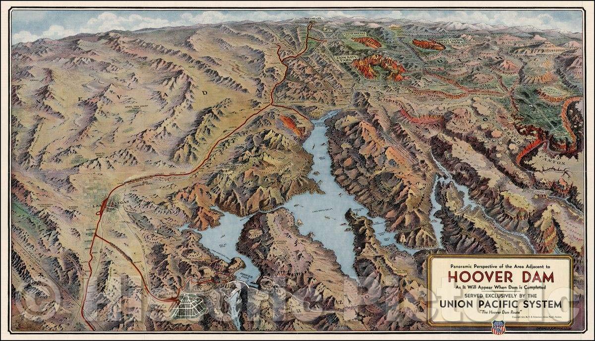 Historic Map | Panoramic Perspective of the Area Adjacent to Hoover Dam As It Will Appear When Dam is Completed - Served Exclusively, 1931 | Vintage Wall Art 77in x 44in