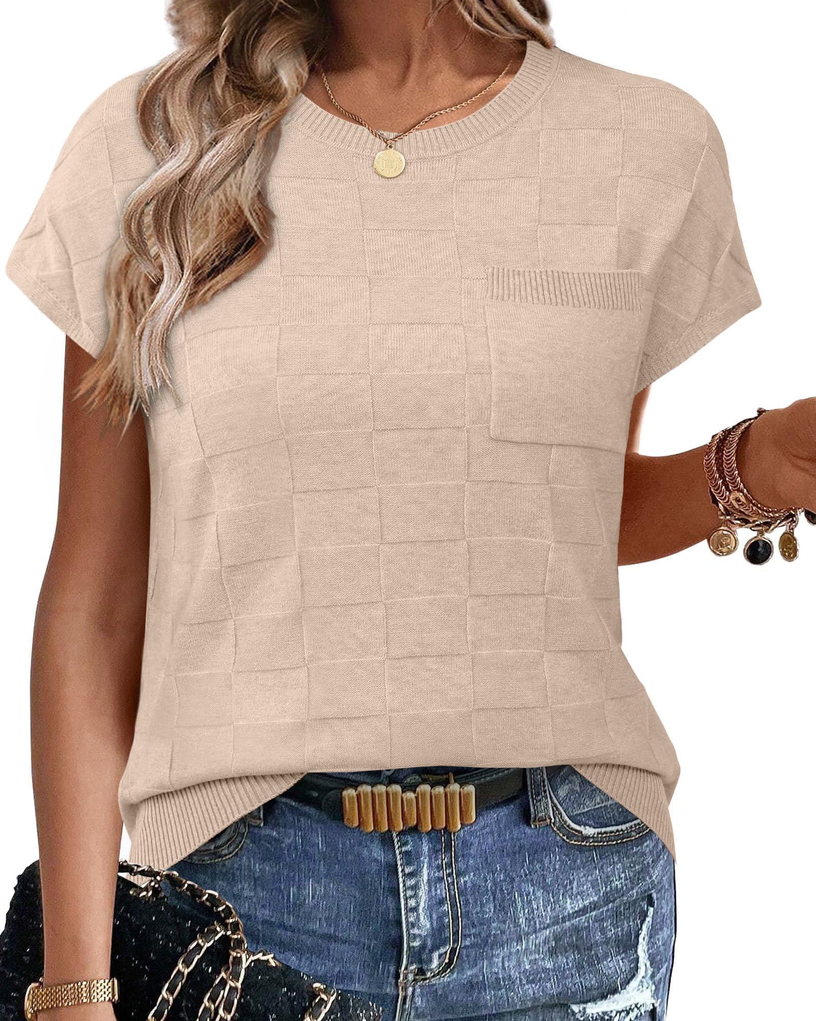 Photo 1 of *MINOR DAMAGE - USED*
WIHOLL Summer Tops for Women 2026 Trendy Casual Crew Neck T Shirts Short Sleeve Sweater Lightweight Spring Fashion Business Work Teacher Travel Outfits Beach Fashion Vacation Clothes Apricot XL