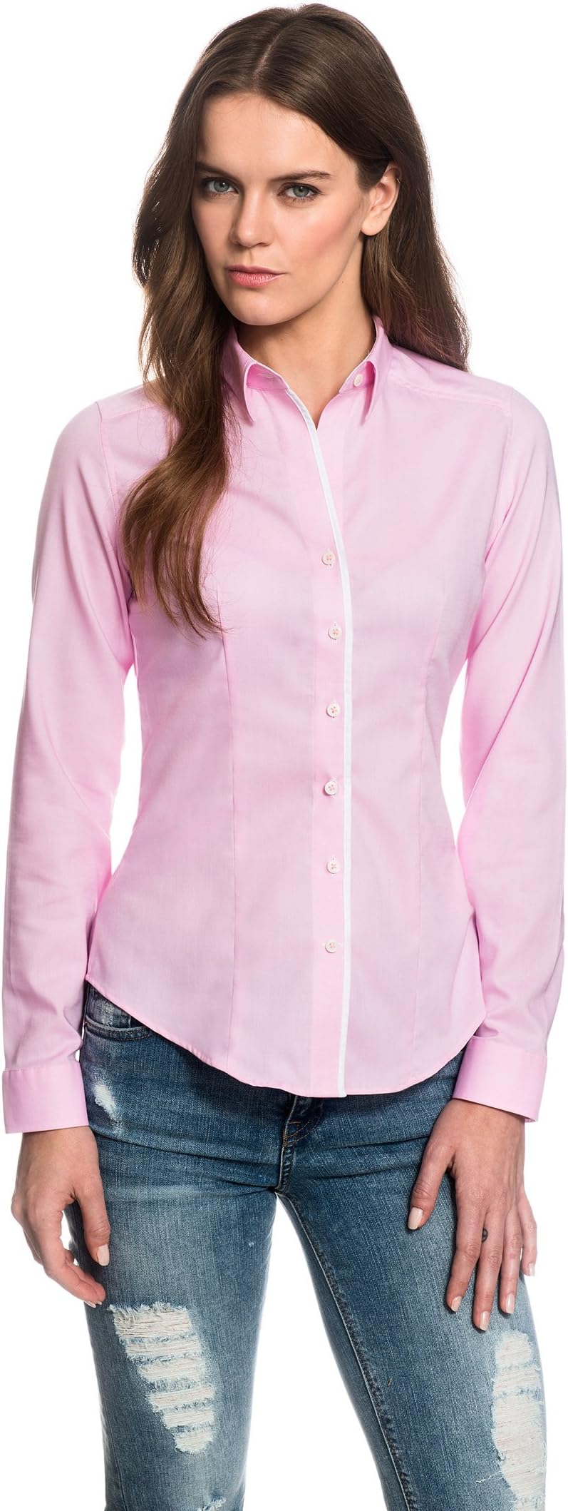 Women's Blouse Modern-fit 100% Cotton-Oxford Easy Iron Kent Collar Long-Sleeve Striped Design Nice Elegant Ladies Fashion Stylish for Office Work, Formal and Casual Events Rose 8