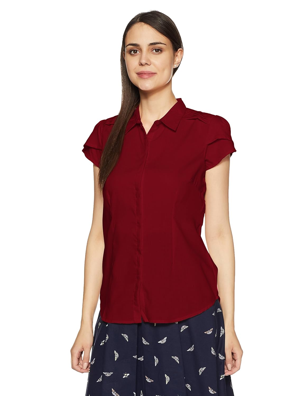 cherokee women's slim fit cotton shirt (272774421_maroon_l_hs)