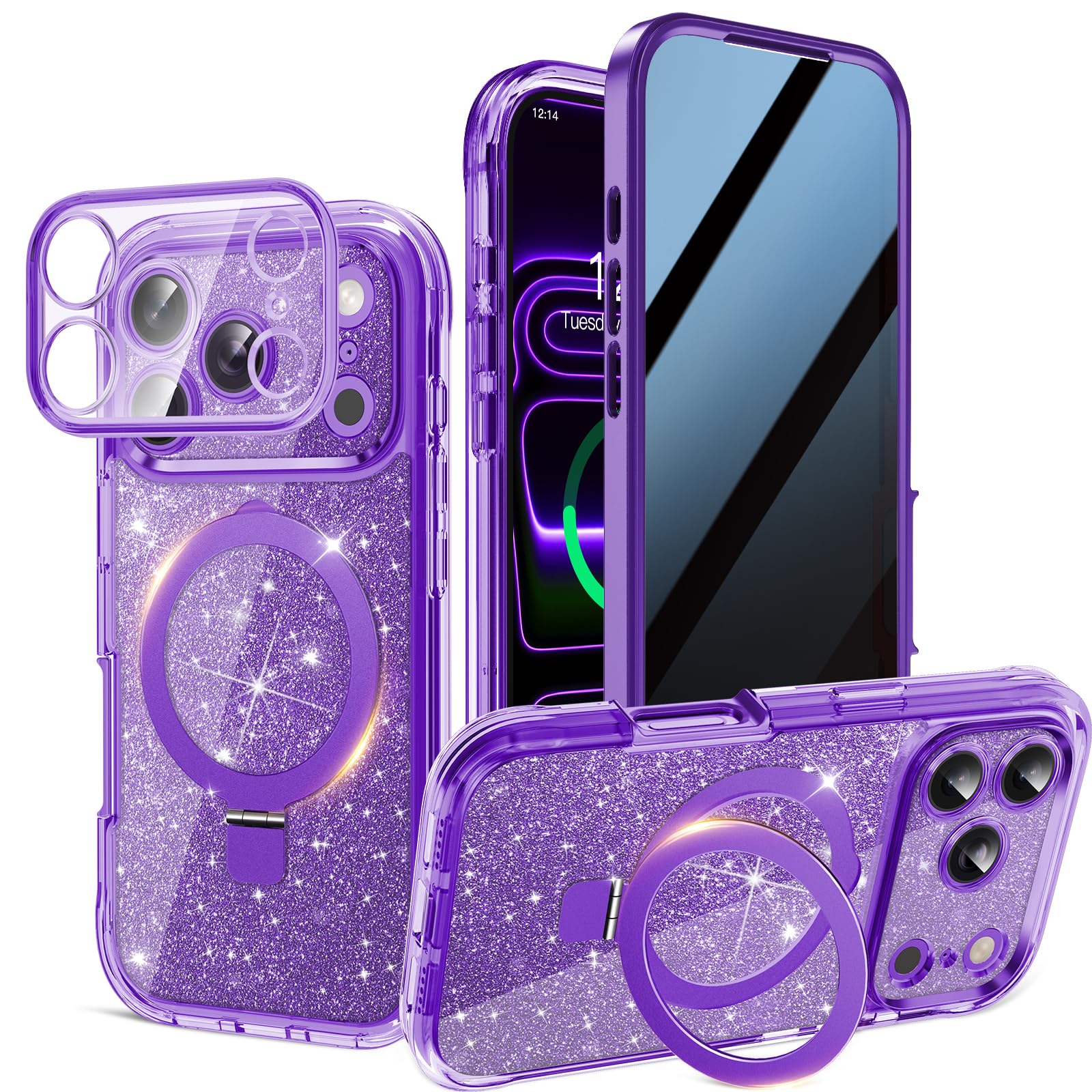 Photo 1 of Magnetic Privacy Case for iPhone 17 Pro Max [DIY Glitter Cardstock] [Invisible Magnetic Kickstand] Built-in Anti Peep Screen Protector, Camera Protection Full Body Glitter Case for Women - Purple