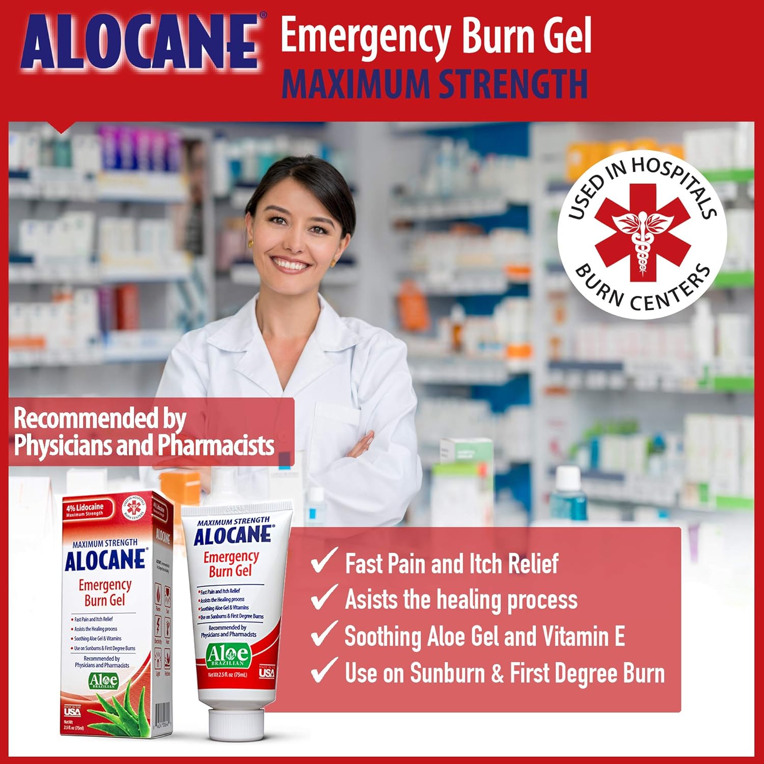 Alocane Emergency Burn Gel, 4% Lidocaine Maximum Strength Fast Pain and Itch Relief for Minor Burns, Sunburn, Kitchen, Radiation, Chemical, First Degree Burns, First Aid Treatment Burn Care 2.5 Fl Oz: Health & Personal Care
