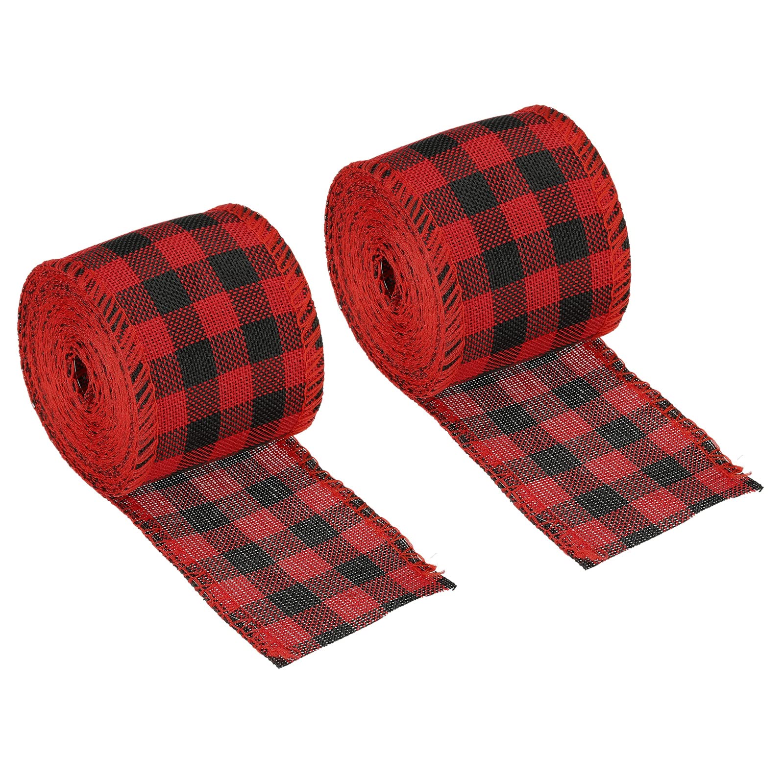 PATIKIL 2.36 Inch Wide 6.56 Yards Polyester Gingham Ribbon Wired Edge Ribbon, 2 Pack for Christmas Decoration Wrapping Black and Red
